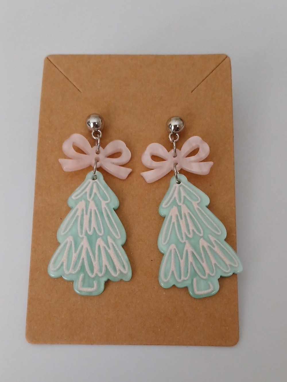 Fashion Jewelry Mint Green Tree Dangle Earrings with Pink Bows
